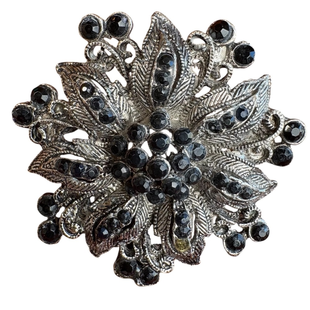 Vintage Black Rhinestone Silver-Tone‎ Flower Brooch Pin Mid-Century Grandma Chic